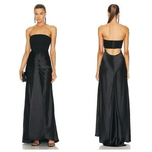 STAUD Wayfaring Maxi Dress (Sz 0) Strapless Ruched Ponte Satin Gown Black